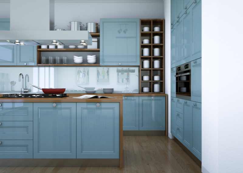 blue kitchen floor to ceiling cabinets