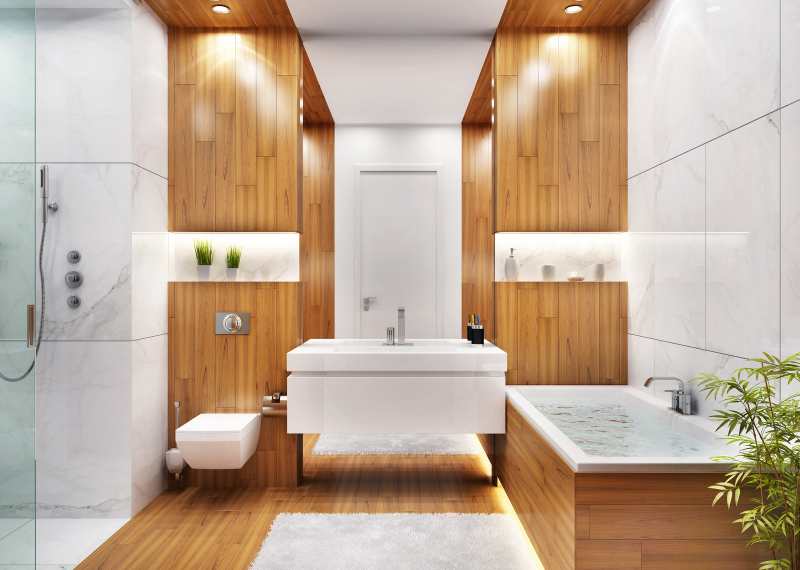white and brown modern bathroom
