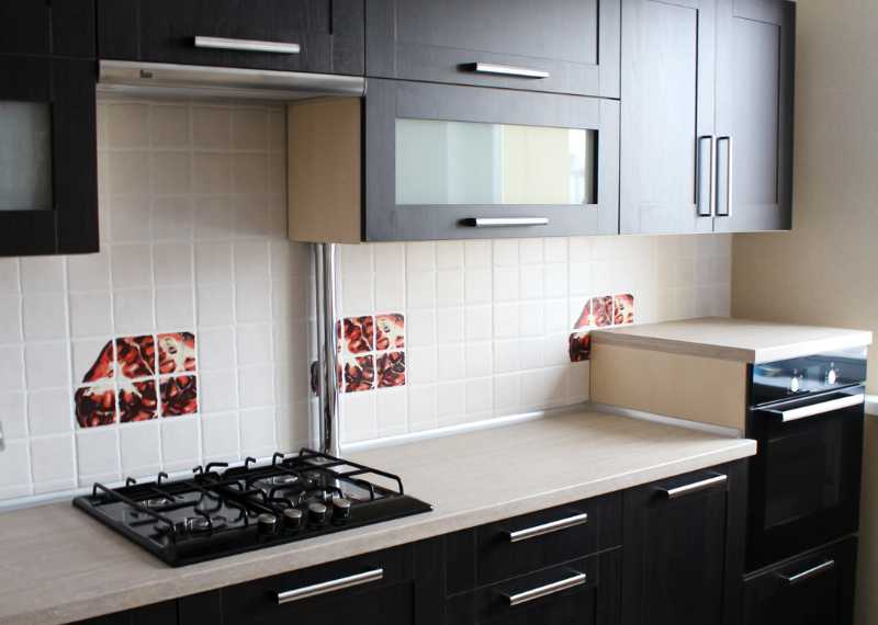 black and white kitchen with glass door