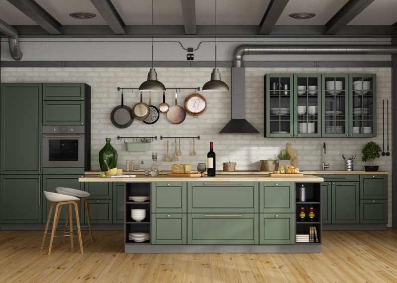 green kitchen island with open cabinets