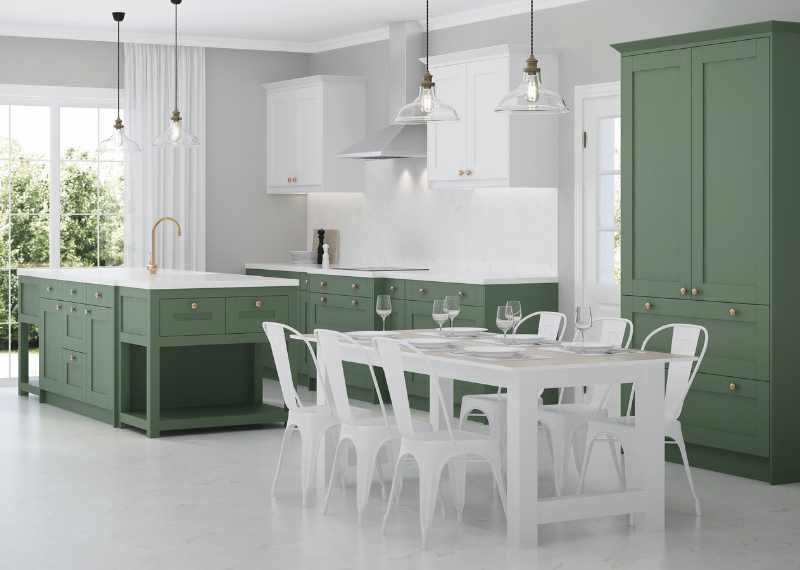 two tone green and white cabinets
