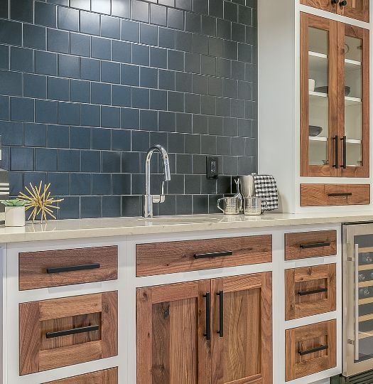 navy blue accent wall with backsplash