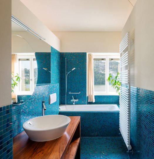 blue bathroom wall