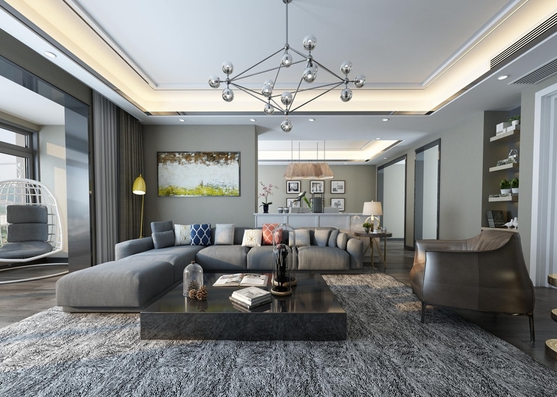 black and grey living rooms with rug under sectional 