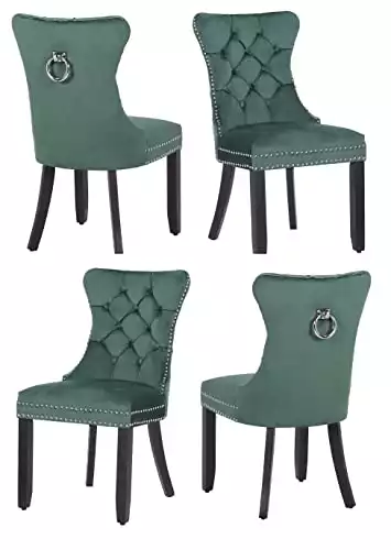 BTEXPERT High Velvet Upholstered, Solid Wood, Set of 4, Green, Wingback Ring Pull Trim Button Back Luxury Tufted Dining Chair for Living Room Bedroom Kitchen Modern Farmhouse